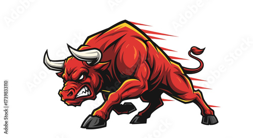 Powerful red bull charging forward with fierce determination and strength for sports team logo or intense marketing campaign, symbolizing courage and tenacity