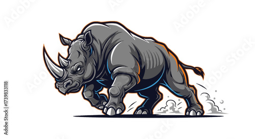Powerful rhino charging forward with incredible force and determination, perfect for sports team branding or dynamic logo designs, fierce mascot inspiration