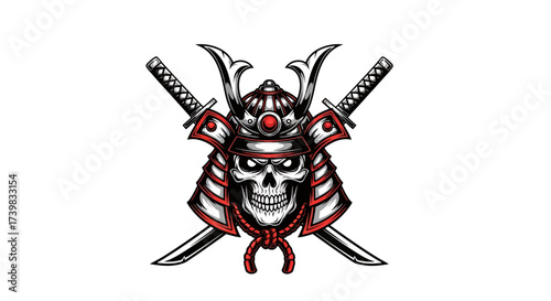 Intense samurai skull illustration with crossed katana swords, perfect for edgy designs, tattoo art, or powerful branding projects needing a bold visual