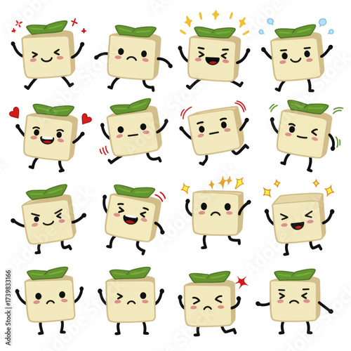 Set of cute cartoon tofu characters with various emotions.