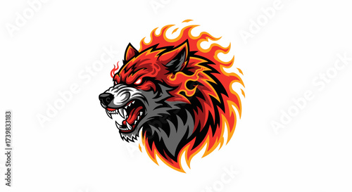 Fiery wolf mascot illustration for esports team or gaming logo, aggressive animal design with flames, perfect for branding and digital graphics