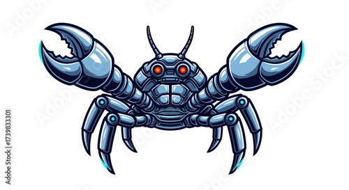 Futuristic robotic crab with glowing red eyes and powerful claws, ready for a sci-fi adventure or cutting-edge technology project, a modern icon