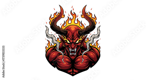 Intense red devil with horns engulfed in flames, perfect for edgy designs and dark fantasy projects that need a fiery, powerful touch of the underworld
