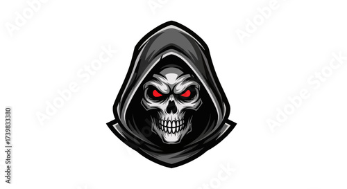 Creepy skull with red eyes and dark hood makes a striking logo for gaming, esports, or edgy brands seeking a bold, unforgettable visual identity