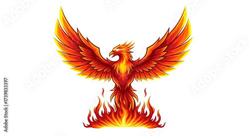 Fiery phoenix soaring above the flames, a vibrant symbol of rebirth and resilience for branding, design, or mythical projects featuring powerful imagery