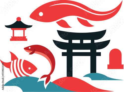 Japanese traditional elements vector illustration koi fish torii gate waves pagoda icons eps