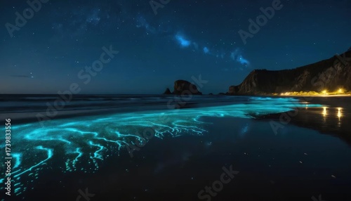 Bioluminescent waves illuminate a dark beach under a starry night sky, creating a magical scene.