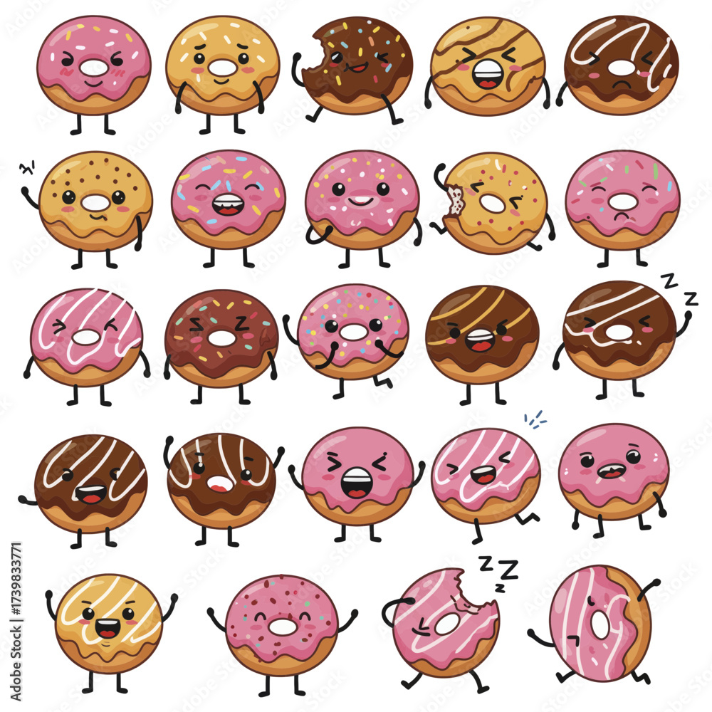 Fototapeta premium A collection of cute cartoon donut characters with various expressions.