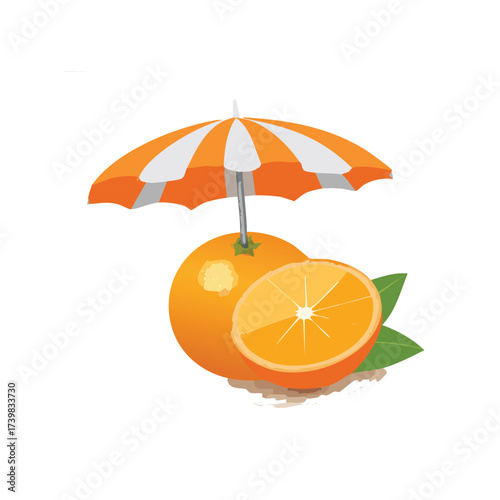 A vibrant illustration of a whole orange with a parasol and a sliced orange half.
