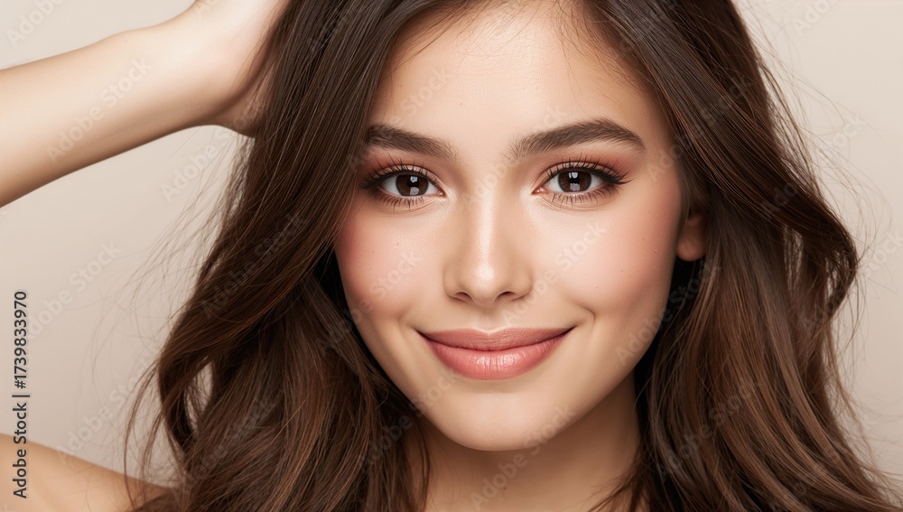 Obraz premium Close-up portrait of a young woman with long dark hair smiling softly while touching her hair with one hand, natural makeup against a neutral background