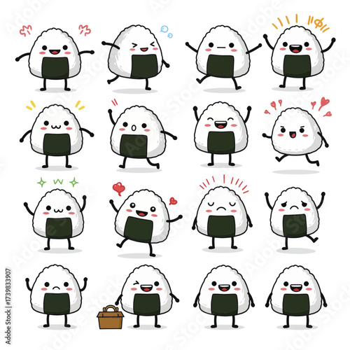 Set of cute kawaii onigiri characters with various expressions and emotions Japanese rice ball mascot collection.