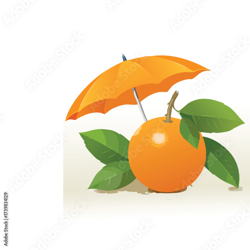 A vibrant orange fruit protected by a miniature orange umbrella, with green leaves.