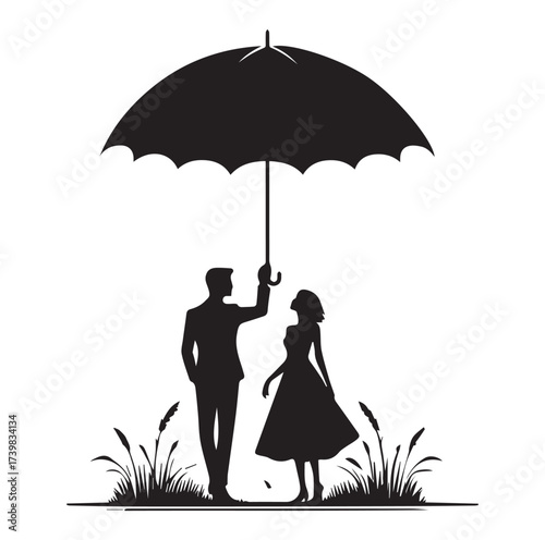 A Romantic couple holding umbrella silhouette and Vector