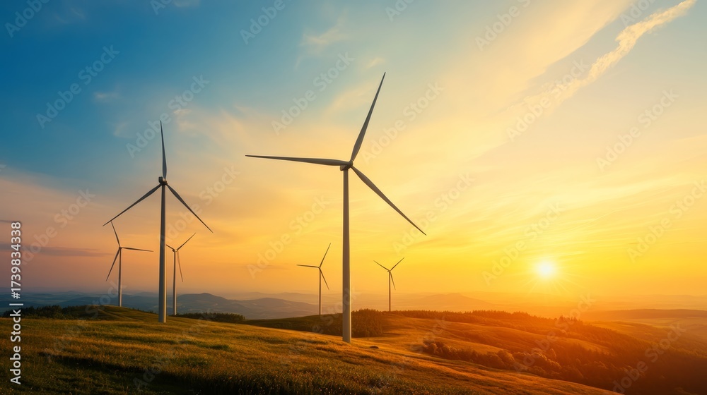 Fototapeta premium Harnessing wind power a stunning landscape of wind turbines at sunset nature photography in rural settings