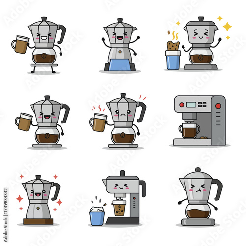 Set of Cute Coffee Maker and Moka Pot Cartoon Characters.