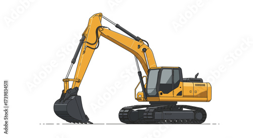 Yellow Excavator with Black Bucket and Tracks Illustration.