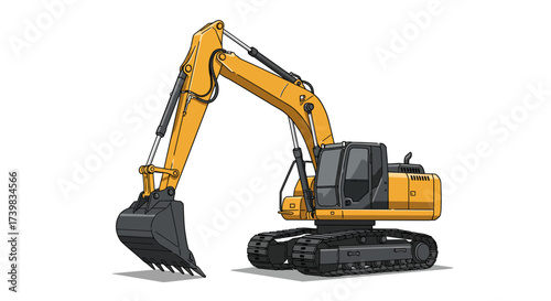 Yellow Excavator with Black Bucket and Tracks Illustration.
