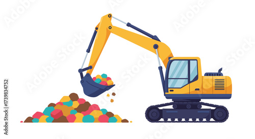 Cartoon Excavator Lifting Colorful Rocks with Bucket.