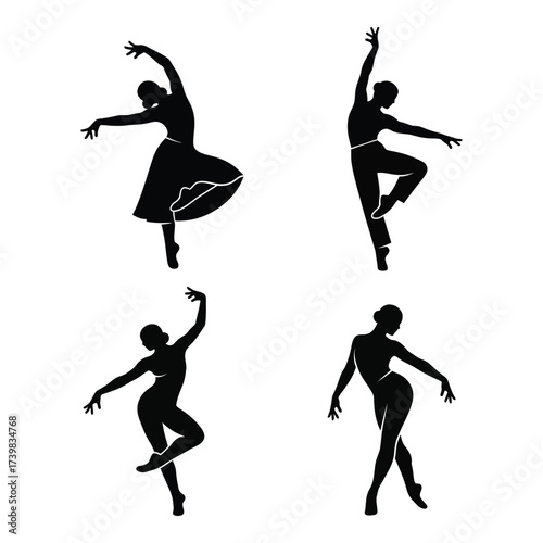 Elegant ballet dancers silhouettes set four dynamic poses capturing graceful movement artistic performance artistry silhouette