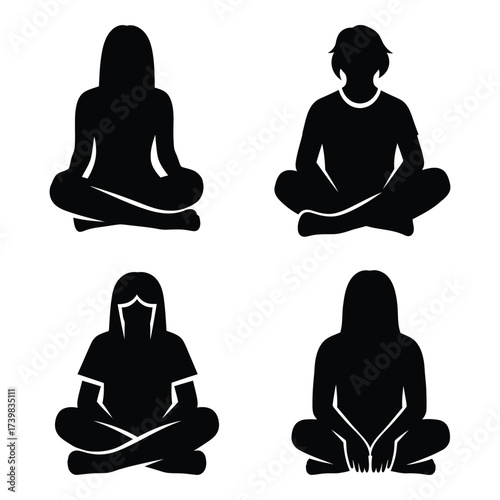 Four diverse silhouettes of people meditating in lotus pose showcasing calmness serenity and peaceful contemplation silhouette