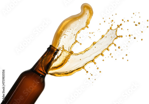 Isolated Beer Splash. Dark brown bottle with golden beverage and splash, drops of beer flying