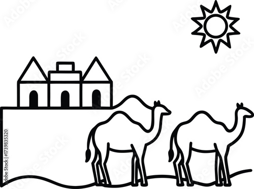 fantasy desert caravan with giant camels coloring vector illustration on transparent background