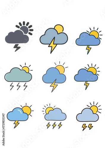 A collection of colorful weather icons depicting various conditions, including sun, clouds, and lightning.