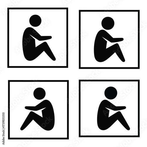 Four simple black silhouettes of people sitting in square frames representing common poses and activities for general use silhouette