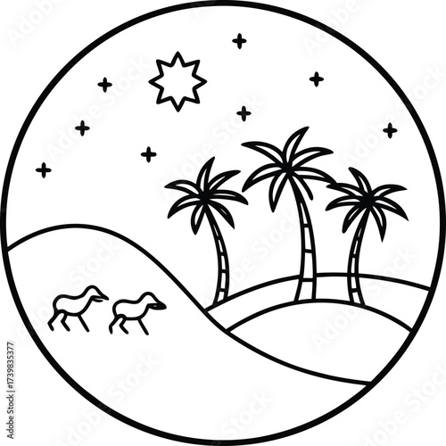fantasy desert oasis with palm trees and camels