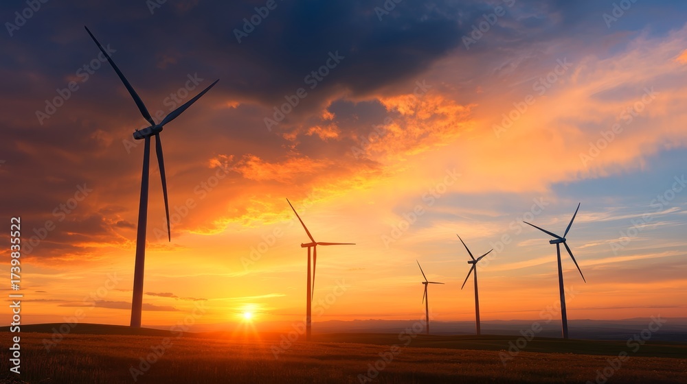 Obraz premium Renewable energy action wind turbines at sunset nature landscape vibrant atmosphere scenic viewpoint sustainable future concept