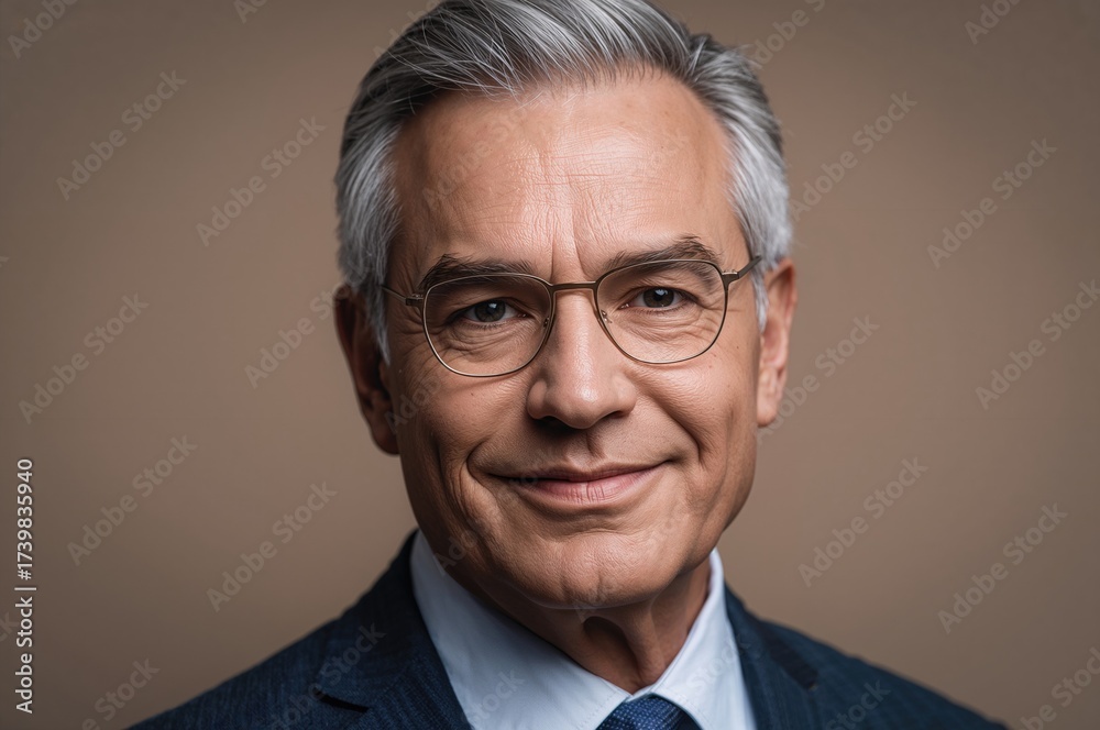 Obraz premium Portrait of mature businessman with gray hair and stylish eyeglasses smiling confidently at the camera wearing a navy suit showcasing professional demeanor and success