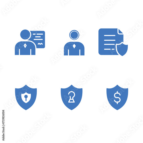 Security and Protection Icons Set in Blue shield data safety document user lock key money dollar finance business insurance privacy