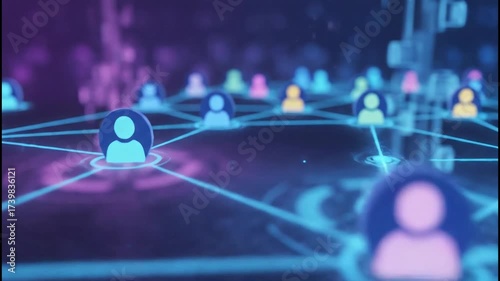 Abstract digital video showcasing interconnected people icons on a neon network future