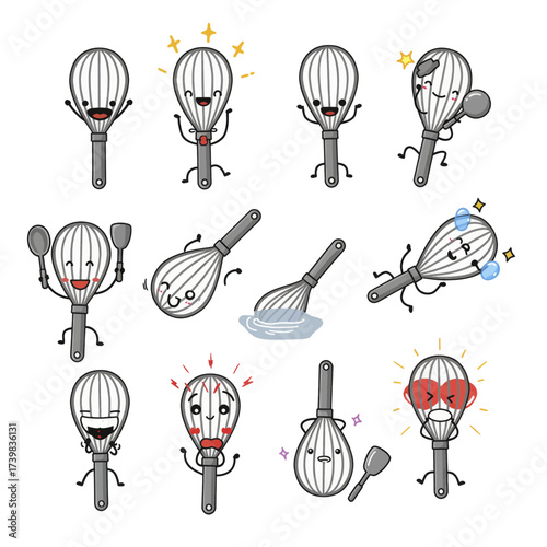 Set of cute cartoon whisk characters with various emotions.