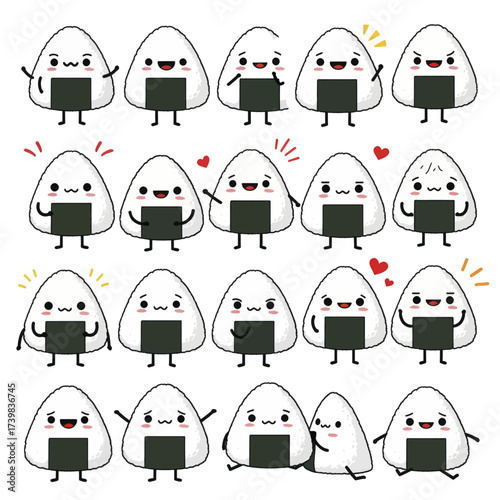 Set of cute kawaii onigiri characters with different emotions.
