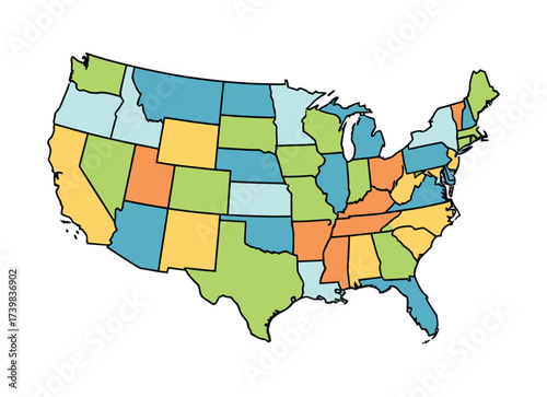 A colorful map of the united states with different states in varying shades of blue green and orange. a simple usa map with states colored in green, blue, and orange