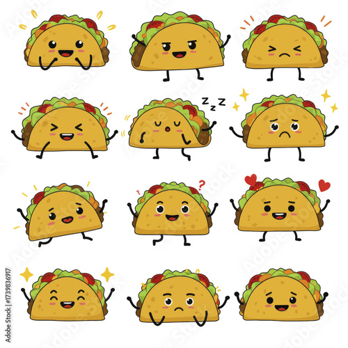 A collection of cute kawaii taco characters with various expressions.