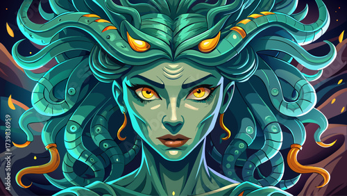 Close-up portrait of Medusa, glowing snake eyes, surreal hair of serpents, fantasy aura, dreamlike terrifying beauty, mythical creature, imaginative artwork, epic character design, magical close-up, 