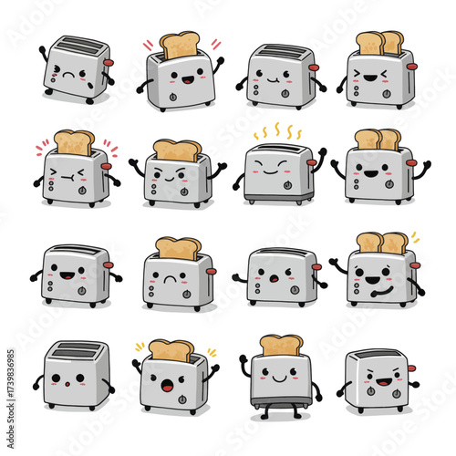 Kawaii Toaster Mascot Collection with Various Poses and Expressions.