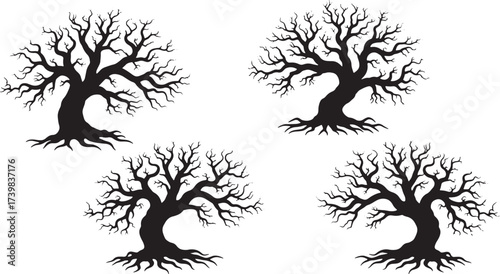 Four Silhouette Bare Trees with Gnarled Branches vector illustration