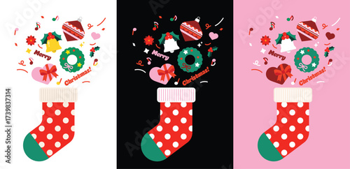 Festive Christmas stocking with ornaments, wreath, bell, holly, and gifts bursting out in a playful holiday design. Perfect vector illustration for Christmas cards, posters, and seasonal decorations.
