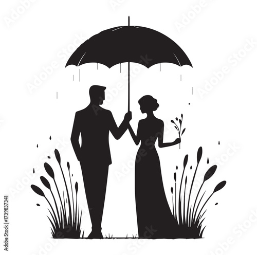 A Romantic couple holding umbrella silhouette and Vector