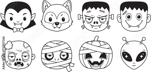 Halloween Monster Icons Vampire Werewolf Frankenstein Zombie Mummy Pumpkin Alien dracula wolfman