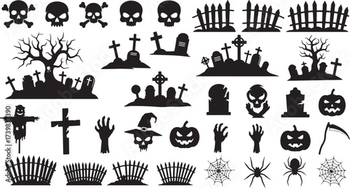Halloween Silhouettes Collection Spooky Cemetery and Scary Figures skull crossbones