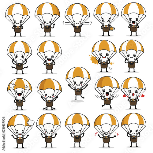 Set of cute parachute mascot characters with various emotions and expressions.