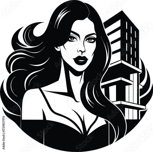 Elegant woman with long hair and a floral hairstyle in a black vector illustration