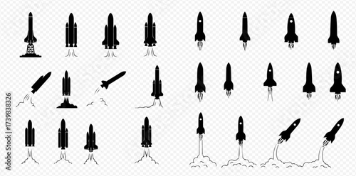 A collection of black silhouette icons depicting various rockets and space shuttles in different stages of launch and flight, isolated on a transparent background.