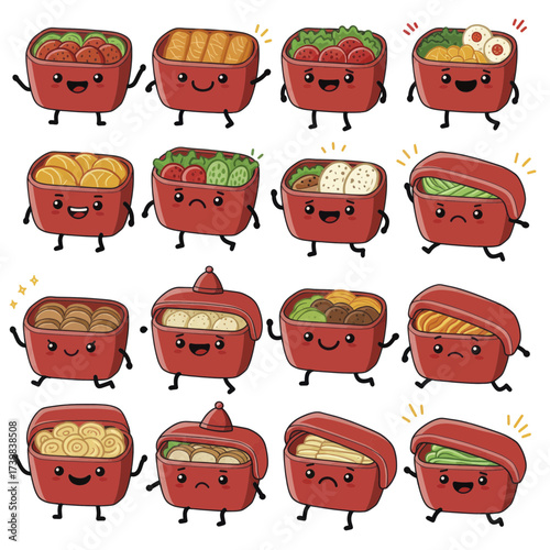 Set of cute kawaii bento box characters with various foods and emotions.