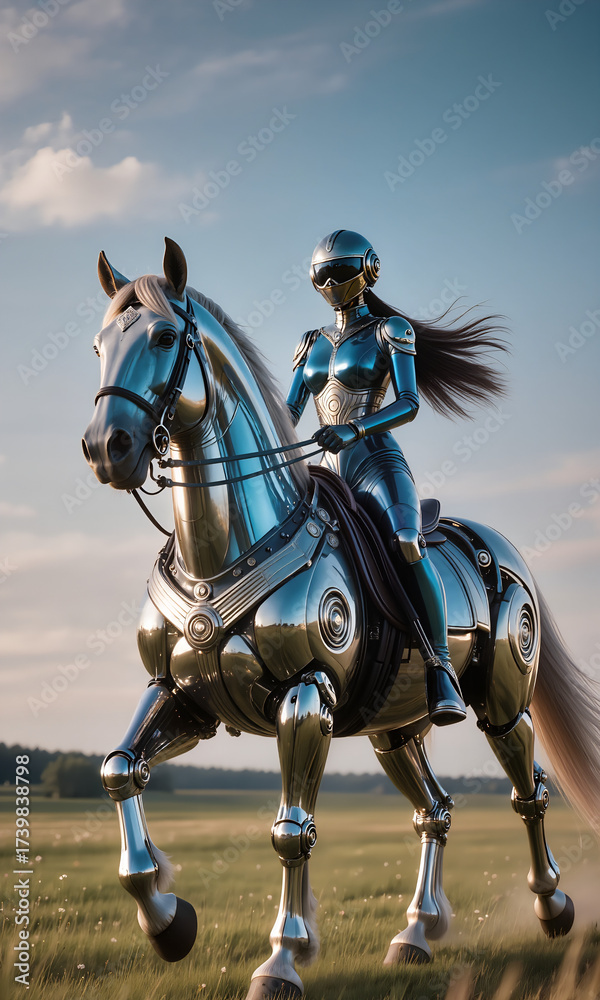 Fototapeta premium a girl riding robotic horse