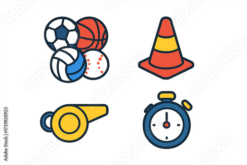Collection of sports equipment and referee accessories including various balls, cone, whistle, and stopwatch
